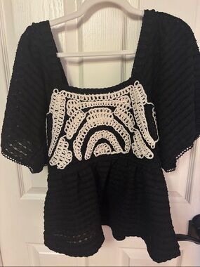 Black Top with White Crochet Panel